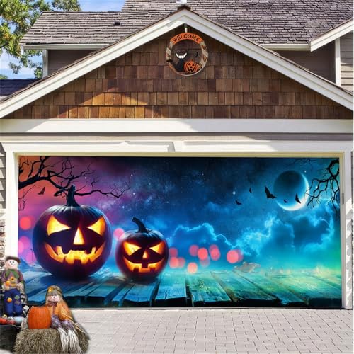 Hiseng Halloween Garagentor Banner, Halloween Deko Outdoor Große Halloween Garage Dekorationen, Gruselige Halloween Banner Dekorationen Bunt für Kürbis Halloween Party (100x200cm,Wolken) von Hiseng