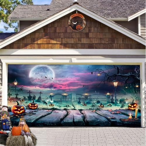 Hiseng Halloween Garagentor Banner, Halloween Deko Outdoor Große Halloween Garage Dekorationen, Gruselige Halloween Banner Dekorationen Bunt für Kürbis Halloween Party (180x400cm,Kürbis) von Hiseng