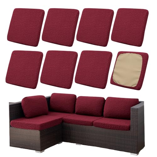 Hiseng Outdoor Sitzkissenbezug Terrasse Gartenpolster Ersatzbezug, Stretch Jacquardstoff Sitzkissenbezug Sofa Kissenbezüge mit Gummiband für Terrassenmöbel, Gartenmöbel (Burgunder Rose,8PCS) von Hiseng