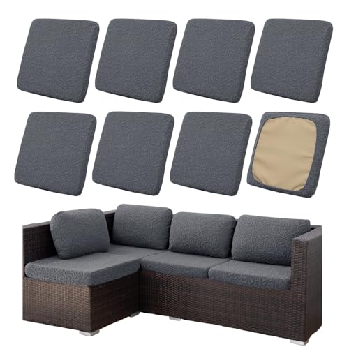 Hiseng Outdoor Sitzkissenbezug Terrasse Gartenpolster Ersatzbezug, Stretch Jacquardstoff Sitzkissenbezug Sofa Kissenbezüge mit Gummiband für Terrassenmöbel, Gartenmöbel (Graue Rose,8PCS) von Hiseng