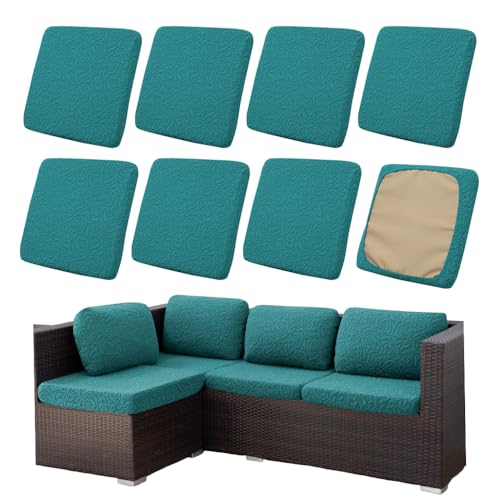 Hiseng Outdoor Sitzkissenbezug Terrasse Gartenpolster Ersatzbezug, Stretch Jacquardstoff Sitzkissenbezug Sofa Kissenbezüge mit Gummiband für Terrassenmöbel, Gartenmöbel (Türkis Rose,8PCS) von Hiseng
