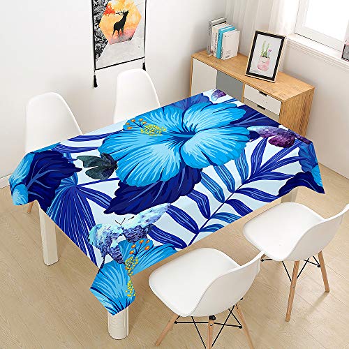 Hiseng Tischdecke Wasserdicht Tischwäsche, Rechteckig Abwaschbar 3D Tropische Pflanzen Drucken Polyester Tischdecken Abwischbar Tischtuch für Küche Party Outdoor Garten (Blau,100x140cm) von Hiseng