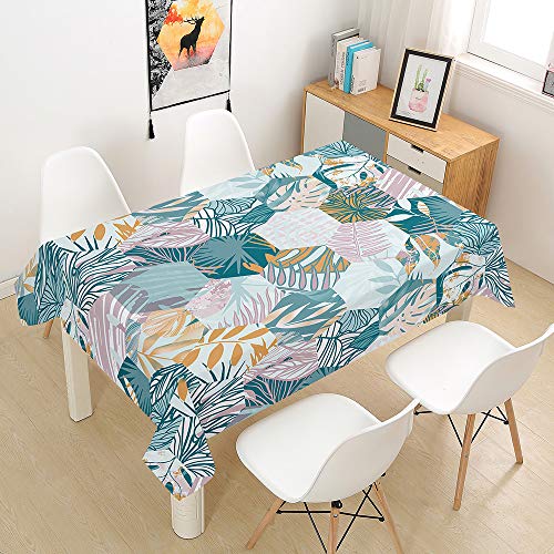 Hiseng Tischdecke Wasserdicht Tischwäsche, Rechteckig Abwaschbar 3D Tropische Pflanzen Drucken Polyester Tischdecken Abwischbar Tischtuch für Küche Party Outdoor Garten (Türkis,140x160cm) von Hiseng