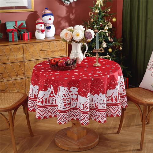 Hiseng Weihnachten Tischdecke, Rote Weihnachten Runden Tischdecken, Wasserdicht Abwaschbar Outdoor Polyester Tischtuch Winter Xmas New Year Dinner Home Dekor Tischwäsche (120cm,Schneeflocke) von Hiseng