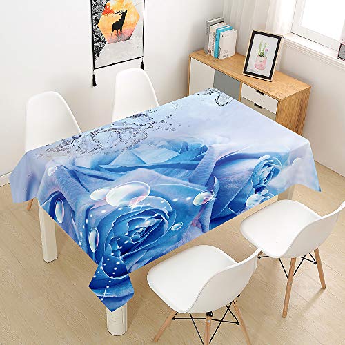 Hiser Tischdecke Wasserdicht Tischwäsche, Rechteckig Abwaschbar 3D Rose Drucken Polyester Tischdecken Abwischbar Tischtuch für Küche Party Outdoor Garten (Blau,140x160cm) von Hiser