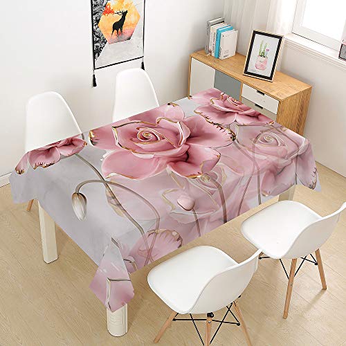 Hiser Tischdecke Wasserdicht Tischwäsche, Rechteckig Abwaschbar 3D Rose Drucken Polyester Tischdecken Abwischbar Tischtuch für Küche Party Outdoor Garten (rosa,140x160cm) von Hiser