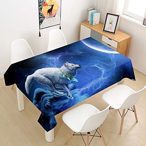 Hiser Tischdecke Wasserdicht Tischwäsche, Rechteckig Abwaschbar 3D Tier Wolf Drucken Polyester Tischdecken Abwischbar Tischtuch für Küche Party Outdoor Garten (Mond,100x140cm) von Hiser