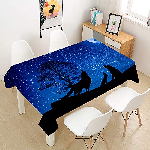 Hiser Tischdecke Wasserdicht Tischwäsche, Rechteckig Abwaschbar 3D Tier Wolf Drucken Polyester Tischdecken Abwischbar Tischtuch für Küche Party Outdoor Garten (sternenklar,140x240cm) von Hiser