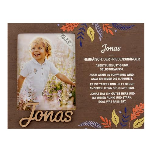History & Heraldry Personalisierter Bilderrahmen für Kinder, Babybilderrahmen Jonas- Holzoptik, 18,5 x 14,2 cm, mit Spruch - von History & Heraldry
