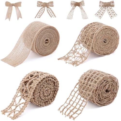 Hiswan 4 Rollen Juteband, solide rustikale Jute-Netzbänder zum Basteln, Spitzen-Bastelband, Netz, Jute-Stoffband für Geschenkverpackungen, Basteln, Hochzeit, Baum, Hochzeitsdekoration (Gesamtlänge: 10 von Hiswan