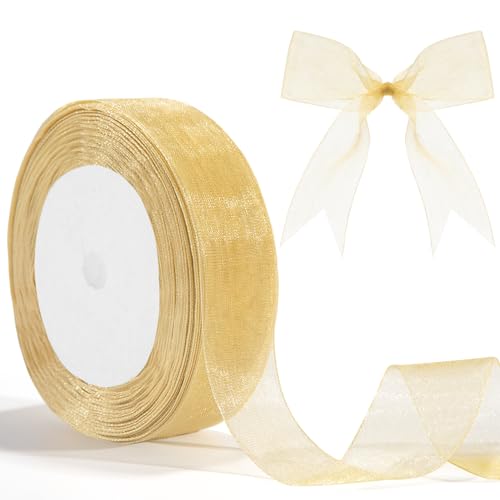 Organzaband Gold Geschenkband 25mm 46m Tüll Gold Geschenkverpackung Goldenes Verpackungsbänder Tüllband Geschenkbänder Zum Basteln Geschenkbänder Bastelarbeiten Geburtstag und Hochzeitsdekoration von Hisxierng