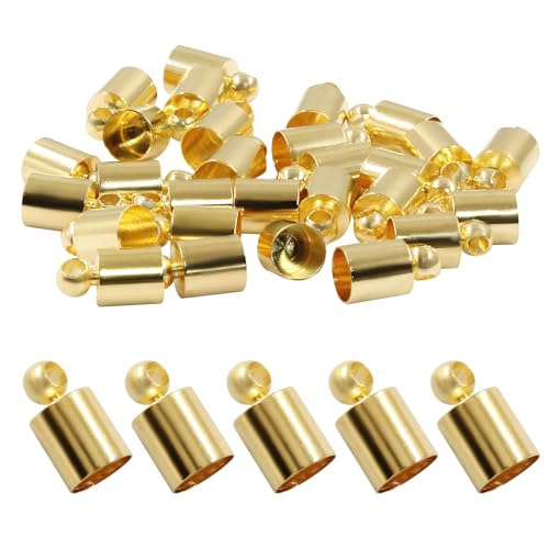 Hitefu 30 Stück goldene Kordelenden, 5 mm Innendurchmesser, glatte Endkappen, Endkappen, Edelstahlschnur, Metallperlen, Rohr-Verschlüsse mit Schlaufe für Schmuckherstellung von Hitefu
