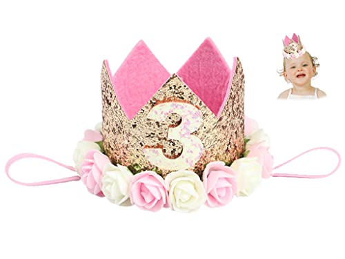 Hitopin 1 Stücke Geburtstag Baby Krone Mit der Nummer 3, Baby Princess Crown Geburtstagskrone Haarband Haarschmuck Prinzessin Geburtstagskrone Mädchen Haarband Geburtstag Hut (Rosa) von Hitopin