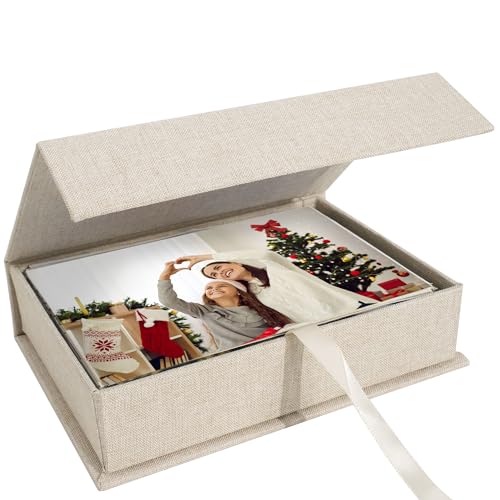 Hiwhy Foto-Aufbewahrungsbox, 10,2 x 15,2 cm, Leinen-Foto-Box, Erinnerungsbox, perfekt zum Aufbewahren von Fotos, Bildern, Zertifikaten, Scrapbooking-Zubehör, Andenken und Schmuck, Beige von Hiwhy