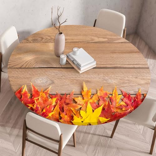 Hixingo 3D-Blume Druck Tischdecke, Wasserdicht Elastisch Tischdecken, Rund Arbeitsplatte Abdeckung mit Gummizug Rand für Küche, Esszimmer, Schlafzimmer (Ahornblatt,60CM) von Hixingo
