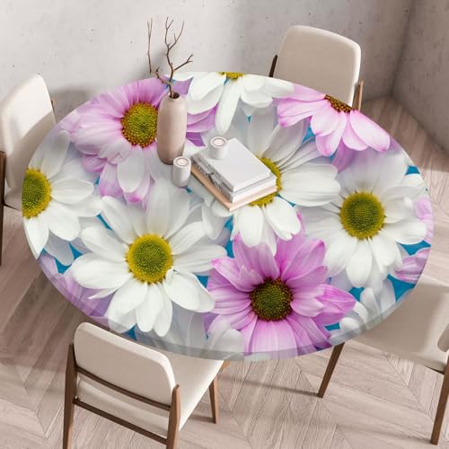 Hixingo 3D-Blume Druck Tischdecke, Wasserdicht Elastisch Tischdecken, Rund Arbeitsplatte Abdeckung mit Gummizug Rand für Küche, Esszimmer, Schlafzimmer (Lila Chrysantheme,90CM) von Hixingo