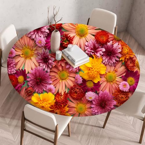 Hixingo 3D-Blume Druck Tischdecke, Wasserdicht Elastisch Tischdecken, Rund Arbeitsplatte Abdeckung mit Gummizug Rand für Küche, Esszimmer, Schlafzimmer (Rosa Chrysantheme,80CM) von Hixingo