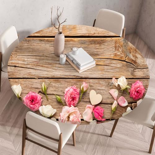 Hixingo 3D-Blume Druck Tischdecke, Wasserdicht Elastisch Tischdecken, Rund Arbeitsplatte Abdeckung mit Gummizug Rand für Küche, Esszimmer, Schlafzimmer (Rosa Rosen,60CM) von Hixingo