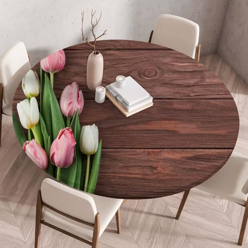 Hixingo 3D-Blume Druck Tischdecke, Wasserdicht Elastisch Tischdecken, Rund Arbeitsplatte Abdeckung mit Gummizug Rand für Küche, Esszimmer, Schlafzimmer (Rosa Tulpe,80CM) von Hixingo