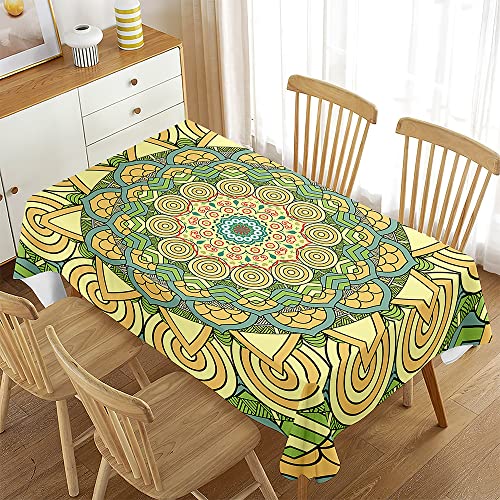 Hixingo 3D Mandala Exotisch Tischdecken Abwaschbar Tischdecke Tischwäsche Wasserabweisend wasserdichte Rechteckige Tischtuch Küchentischdecke für Party Garten Küche (100x140cm,Grün Gelb) von Hixingo