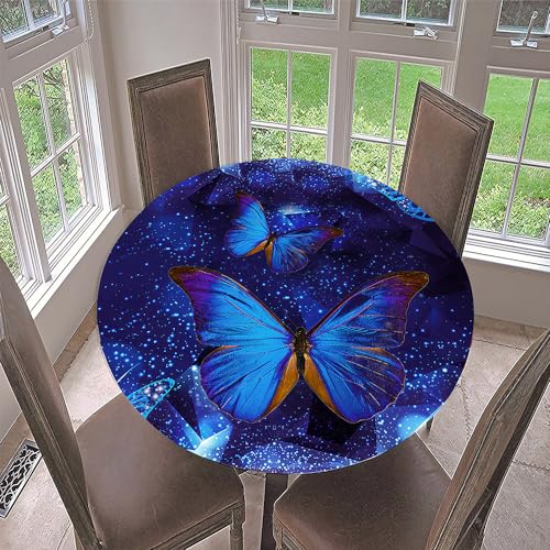 Hixingo 3D Schmetterling Tischdecke Abwaschbar Rund Tischdecken, Elastisch Gartentischdecke Tischtuch Indoor Tisch Schutz für Restaurant, Familie (Durchmesser 130cm,Sternblauer Schmetterling) von Hixingo