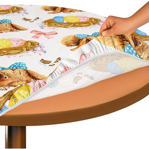 Hixingo Rund Tischdecke 3D Ostern Tischdecke, Elastisch Tischdecken Mit Gummizug Rand Abwaschbar Indoor Tischtuch für Frühling, Ostern Party (100cm,Eiernest) von Hixingo