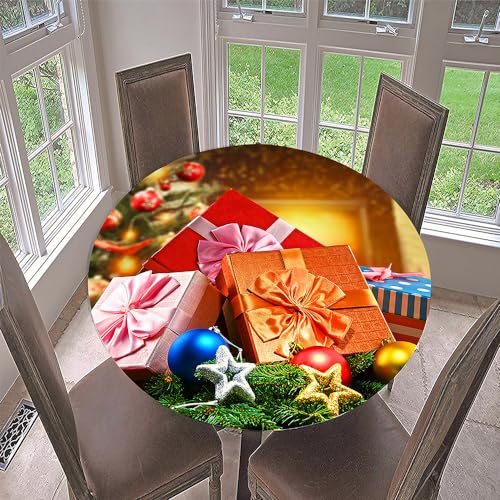 Hixingo Rund Tischdecke 3D Weihnachts Tischdecke, Elastisch Tischdecken Mit Gummizug Rand Abwaschbar Indoor Tischtuch für Weihnachtsfeier, Neujahrsessen, Durchmesser 100cm von Hixingo