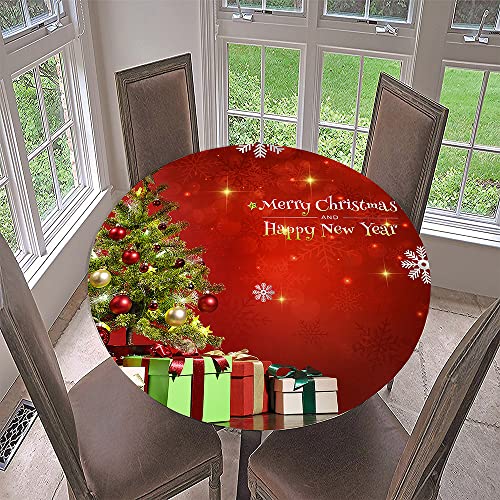 Hixingo Rund Tischdecke 3D Weihnachts Tischdecke, Elastisch Tischdecken Mit Gummizug Rand Abwaschbar Indoor Tischtuch für Weihnachtsfeier, Neujahrsessen (Durchmesser 100cm,Roter Ball Geschenk) von Hixingo