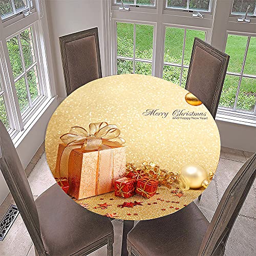 Hixingo Rund Tischdecke 3D Weihnachts Tischdecke, Elastisch Tischdecken Mit Gummizug Rand Abwaschbar Indoor Tischtuch für Weihnachtsfeier, Neujahrsessen (Durchmesser 120cm,Gold Geschenk) von Hixingo
