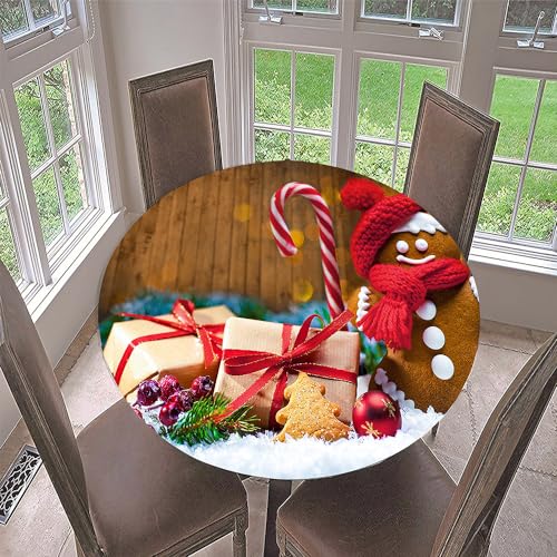 Hixingo Rund Tischdecke 3D Weihnachts Tischdecke, Elastisch Tischdecken Mit Gummizug Rand Abwaschbar Indoor Tischtuch für Weihnachtsfeier, Neujahrsessen (Durchmesser 90cm,Krücken Kekse) von Hixingo