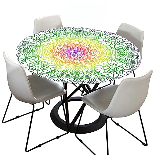 Hixingo Tischdecke Abwaschbar Gartentischdecke Tischdecke Elastisch Rund Tischdecken Tischtuch Outdoor Indoor Tisch Schutz für Restaurant, Familie (Durchmesser 100cm,Grün-Gelb Mandala) von Hixingo