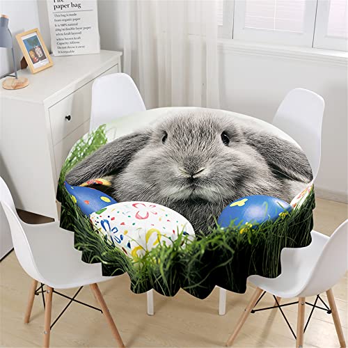 Hixingo Tischdecken Rund Ostern, 3D Ostereier Drucken Tischdecke Wasserdicht Abwaschbar Abwischbar Tischtuch für Küche Garten Outdoor, Verschiedene Größen (Durchmesser 120cm,Graues Kaninchen) von Hixingo