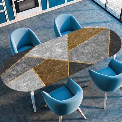 Hixingo Wasserdicht Tischdecke, 2025 3D Geometrischer Druck Tischdecke Abwaschbar, Ovale Arbeitsplatte Abdeckung mit Gummizug Rand für Küche, Esszimmer (Grau Braun,91x152cm) von Hixingo