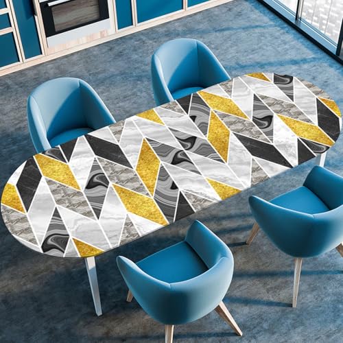 Hixingo Wasserdicht Tischdecke, 2025 3D Geometrischer Druck Tischdecke Abwaschbar, Ovale Arbeitsplatte Abdeckung mit Gummizug Rand für Küche, Esszimmer (Grau Gold,137x183cm) von Hixingo