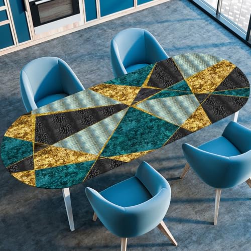 Hixingo Wasserdicht Tischdecke, 2025 3D Geometrischer Druck Tischdecke Abwaschbar, Ovale Arbeitsplatte Abdeckung mit Gummizug Rand für Küche, Esszimmer (Grün Gold,122x183cm) von Hixingo