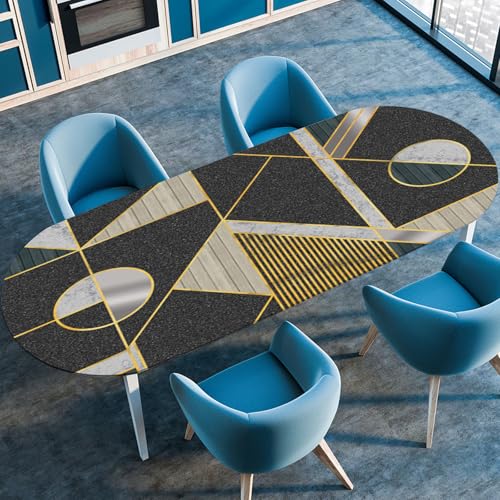 Hixingo Wasserdicht Tischdecke, 2025 3D Geometrischer Druck Tischdecke Abwaschbar, Ovale Arbeitsplatte Abdeckung mit Gummizug Rand für Küche, Esszimmer (Schwarz Gold,107x183cm) von Hixingo