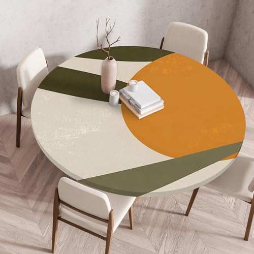 Hixingo Wasserdicht Tischdecke, 2025 Abstrakter Druck Elastisch Tischdecken, Rund Arbeitsplatte Abdeckung mit Gummizug Rand für Küche, Esszimmer, Schlafzimmer (Beige Cafe,100CM) von Hixingo