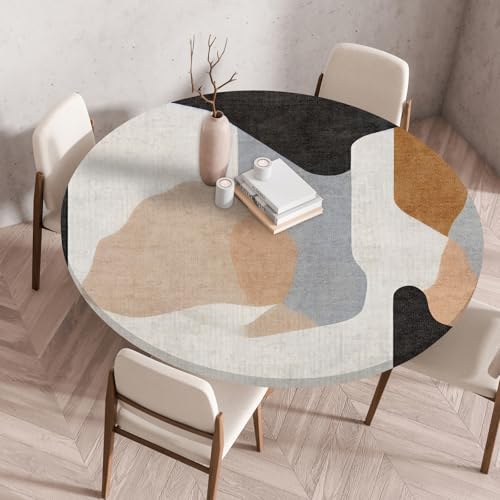 Hixingo Wasserdicht Tischdecke, 2025 Abstrakter Druck Elastisch Tischdecken, Rund Arbeitsplatte Abdeckung mit Gummizug Rand für Küche, Esszimmer, Schlafzimmer (Beige Grau,90CM) von Hixingo