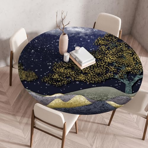 Hixingo Wasserdicht Tischdecke, 2025 Abstrakter Druck Elastisch Tischdecken, Rund Arbeitsplatte Abdeckung mit Gummizug Rand für Küche, Esszimmer, Schlafzimmer (Dunkelblau Gold,70CM) von Hixingo