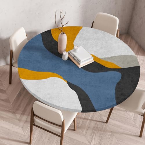 Hixingo Wasserdicht Tischdecke, 2025 Abstrakter Druck Elastisch Tischdecken, Rund Arbeitsplatte Abdeckung mit Gummizug Rand für Küche, Esszimmer, Schlafzimmer (Grau Blau,90CM) von Hixingo