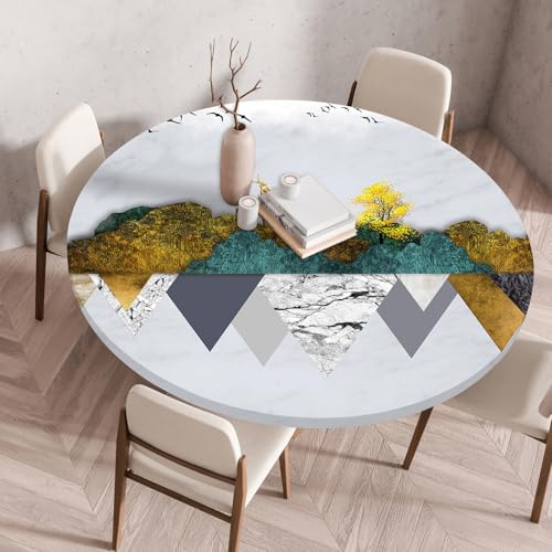Hixingo Wasserdicht Tischdecke, 2025 Abstrakter Druck Elastisch Tischdecken, Rund Arbeitsplatte Abdeckung mit Gummizug Rand für Küche, Esszimmer, Schlafzimmer (Grau Gold,120CM) von Hixingo