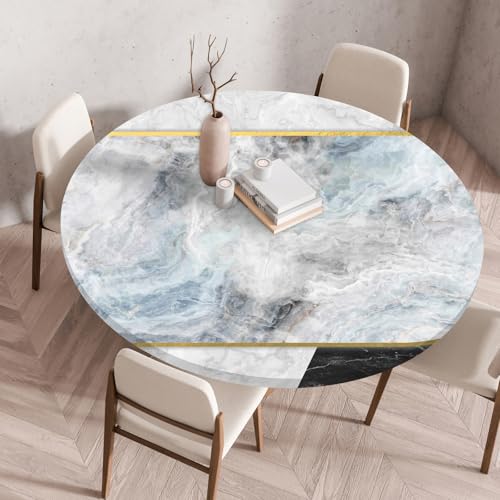 Hixingo Wasserdicht Tischdecke, 2025 Abstrakter Druck Elastisch Tischdecken, Rund Arbeitsplatte Abdeckung mit Gummizug Rand für Küche, Esszimmer, Schlafzimmer (Grau Weiß,130CM) von Hixingo