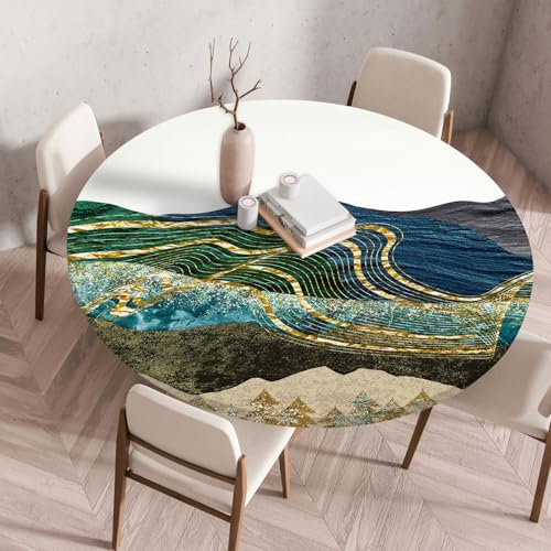 Hixingo Wasserdicht Tischdecke, 2025 Abstrakter Druck Elastisch Tischdecken, Rund Arbeitsplatte Abdeckung mit Gummizug Rand für Küche, Esszimmer, Schlafzimmer (Grün Gold,70CM) von Hixingo