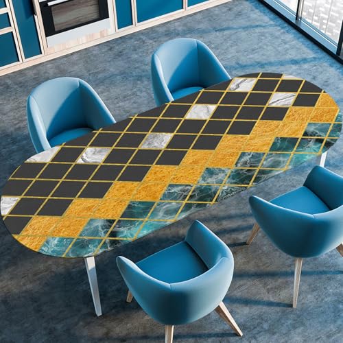 Hixingo Wasserdicht Tischdecke, 2025 Geometrischer Druck Tischdecke Abwaschbar, Ovale Arbeitsplatte Abdeckung mit Gummizug Rand für Küche, Esszimmer (Schwarz Gold,91x152cm) von Hixingo