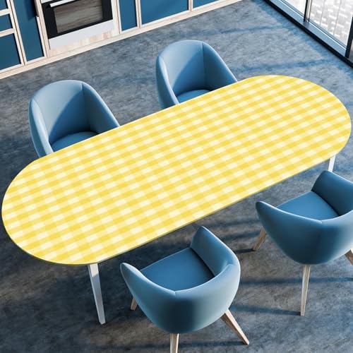 Hixingo Wasserdicht Tischdecke, 2025 Karierter Druck Tischdecke Abwaschbar, Ovale Arbeitsplatte Abdeckung mit Gummizug Rand für Küche, Esszimmer (Gelb 1,122x173cm) von Hixingo