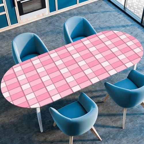 Hixingo Wasserdicht Tischdecke, 2025 Karierter Druck Tischdecke Abwaschbar, Ovale Arbeitsplatte Abdeckung mit Gummizug Rand für Küche, Esszimmer (Rosa 2,132x178cm) von Hixingo
