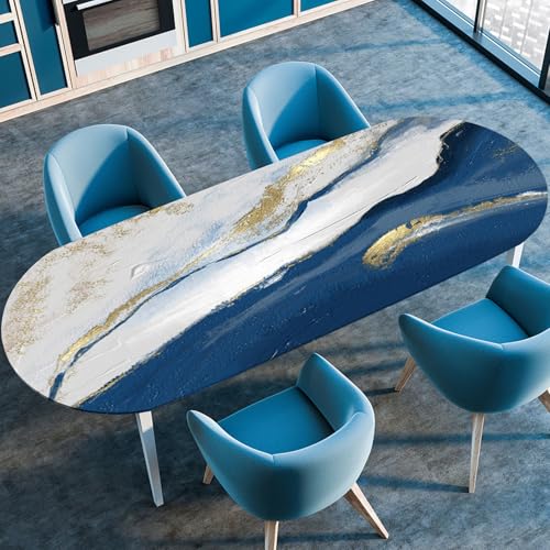 Hixingo Wasserdicht Tischdecke, 2025 Nordischer Stil Tischdecke Abwaschbar, Ovale Arbeitsplatte Abdeckung mit Gummizug Rand für Küche, Esszimmer (Blau Gold,114x142cm) von Hixingo