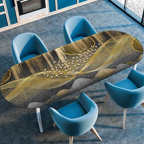 Hixingo Wasserdicht Tischdecke, 2025 Nordischer Stil Tischdecke Abwaschbar, Ovale Arbeitsplatte Abdeckung mit Gummizug Rand für Küche, Esszimmer (Schwarz Gold,91x152cm) von Hixingo