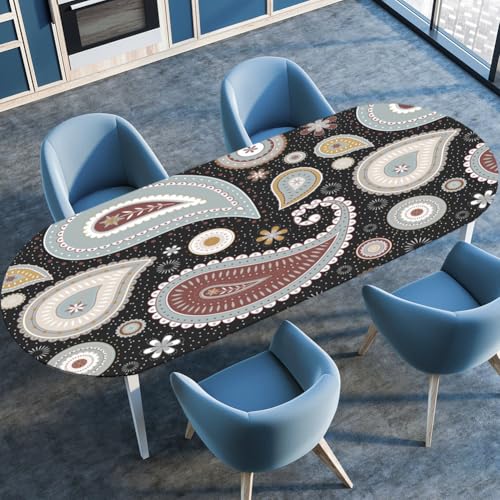 Hixingo Wasserdicht Tischdecke, 3D Böhmisch Tischdecke Abwaschbar, Ovale Arbeitsplatte Abdeckung mit Gummizug Rand für Küche, Esszimmer (Black Paisley,107x165cm) von Hixingo