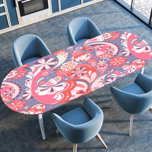 Hixingo Wasserdicht Tischdecke, 3D Böhmisch Tischdecke Abwaschbar, Ovale Arbeitsplatte Abdeckung mit Gummizug Rand für Küche, Esszimmer (Rosa Paisley,91x152cm) von Hixingo